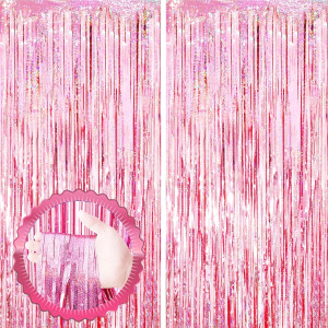 2 Pack Laser Pink Tinsel Foil Fringe Curtains, Val...