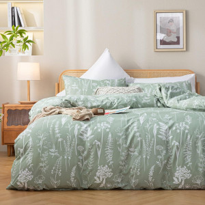 JANZAA 3 Pieces Duvet Cover Queen, Sage Green, Flo...