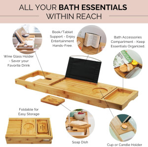 Foldable Bamboo Bathtub Tray Caddy - Expandable Ba...