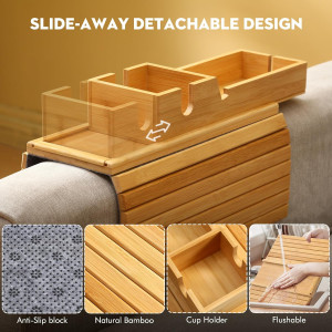 Bamboo Couch Arm Tray/Sofa Armrest Tray with Detac...
