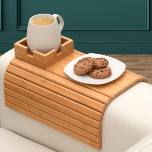 Bamboo Couch Cup Holder - Couch Arm Tray & Cup Hol...