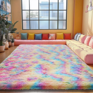 Rainbow Rug for Girls Bedroom, 4x6 Fluffy Area Rug...