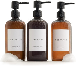 Stylish Shampoo and Conditioner Dispenser Set of 3 - Modern 21oz Shower Soap PET Bottles with Pump and Labels - Easy to Refill Body Wash Dispensers for an Instant Bathroom Decor Upgrade