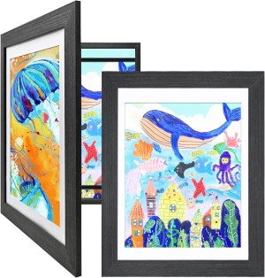 KINLINK 9x12 Kids Art Frames Set of 2, Solid Wood Kids Artwork Frames Changeable with Acrylic Front Opening Holds 150 Pictures, Art Frames for Kids Artwork with Mat or without Mat, Black