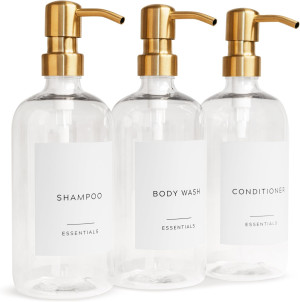 Stylish Shampoo and Conditioner Dispenser Set of 3 - Modern 21oz Shower Soap Bottles with Pump and Labels - Easy to Refill Body Wash Dispensers for an Instant Bathroom Decor Upgrade Clear