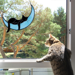 Stained Glass Cat on Moon Gifts, Sleeping Cat Sunc...