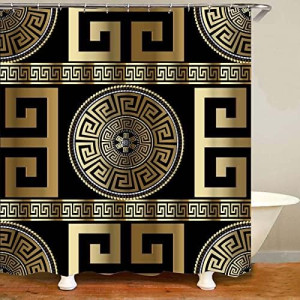 4 Pieces Bath Sets Geometric Black Gold Greek Key...