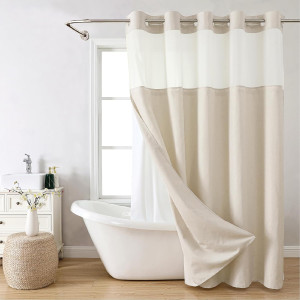 No Hooks Polyester Textured Shower Curtain with Sn...