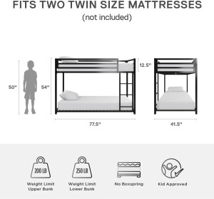 DHP Miles Low Metal Bunk Bed Frame for Kids, With...