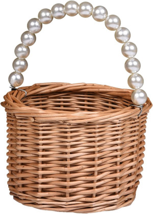 Wicker Rattan Flower Girl Basket,Pearl Handle Flow...