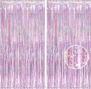 BRAVESHINE Pink Tinsel Foil Fringe Curtains - 2 Pc...