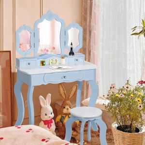 Kids Vanity Set, 2-in-1 Wooden Makeup Table & Stoo...