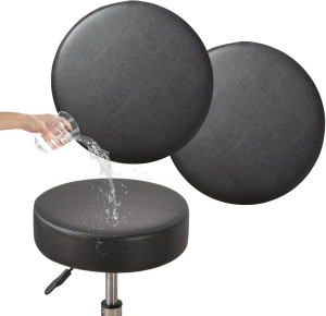 FUANGUI Bar Stool Covers Round Set of 2, Waterproof PU Bar Stool Seat Covers with Elastic Bands,Bar Stool Chair Covers Washable Stool Cushion Slipcover for 12-15 Inch - Black
