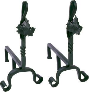 Maple Leaf Wrought Iron Fireplace andirons, Black
