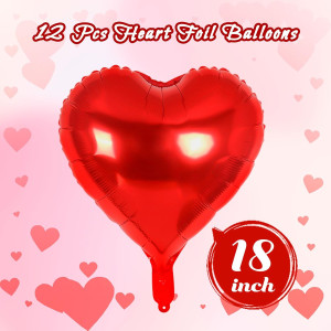 12 Pcs Red Heart Balloons,18 Inch Heart Foil Ballo...