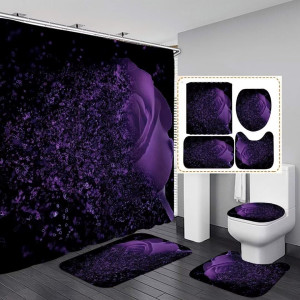 Purple Rose 4 Pcs Shower Curtain Sets Non-Slip Rug...