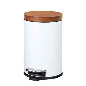 SunnyPoint Elite Bamboo Lid 4.5 Liter / 1.2 Gallon Round Trash Can with Plastic Inner Bucket; Bathroom, Office, Kitchen and Bedroom Step On and Slow Close (White)