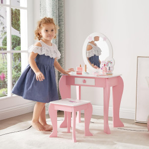 Kids Vanity Table and Stool Set, Girls Vanity Set...