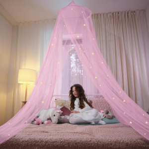 Bollepo Pink Bed Canopy for Girls with Glowing Sta...