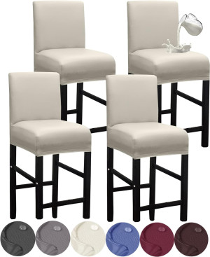 Bar Stool Covers,4 Pack Stretch Waterproof PU Bar Stool Covers with Backs Bar Stool Chair Covers Barstool Covers Slipcovers with Back Pub Counter Stool Chair Covers with Elastic Bands Beige