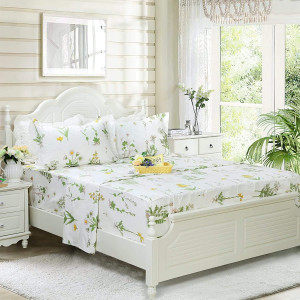 FADFAY 100% Cotton Bed Sheet Set 4-Piece Green Flo...