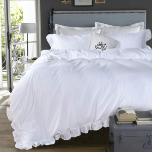 QSH White Ruffle Twin Duvet Cover,100% Washed Cott...