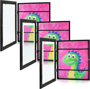 Zenacolor Kids Artwork Frames Changeable - Front-Opening to Display & Store 100 pcs - Set of 3 Kids Art Frame Includes Wall Hooks & Stand - 10x12.5 cm - Black