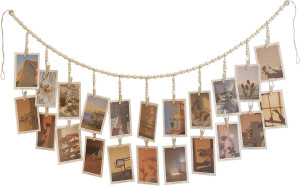 Hanging Photo Display with 22 Clips, Wooden Bead G...