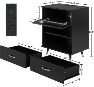 Black Accent Nightstand with USB Charge Modern 3 D...