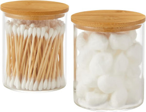 Glass Qtip Holder Dispenser with Bamboo Lid - 2 Pa...