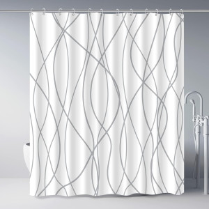 Punkray Grey and White Striped Fabric Shower Curta...