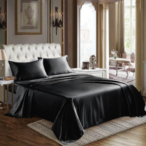 CozyLux Satin Sheets Queen Size - 4 Piece Black Be...