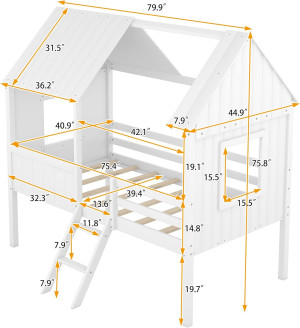Kids House Beds, Low Loft Bed Frames Twin Size, Wo...