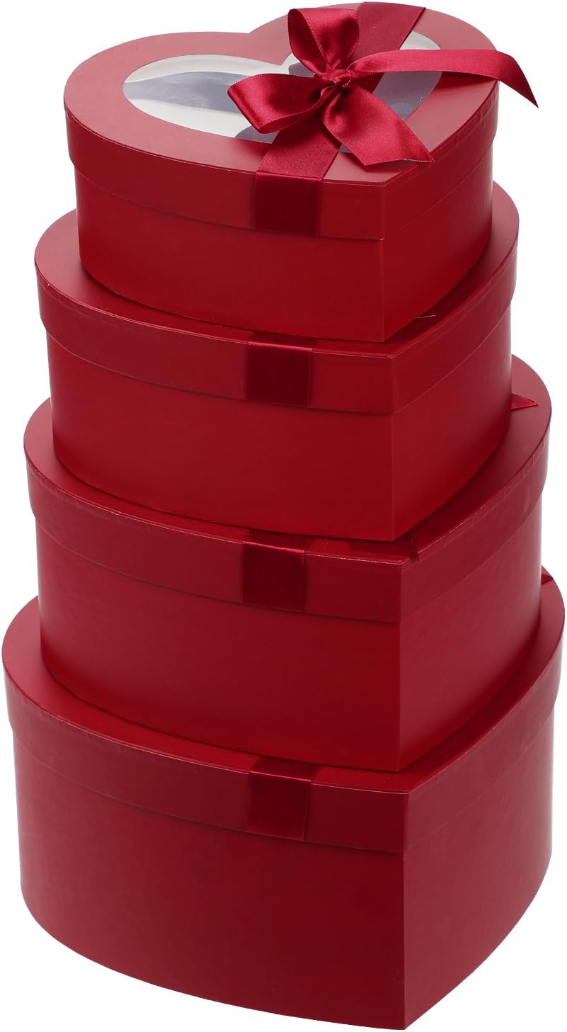 4PCS Red Gift Boxes with Clear Lids Heart Shaped F...