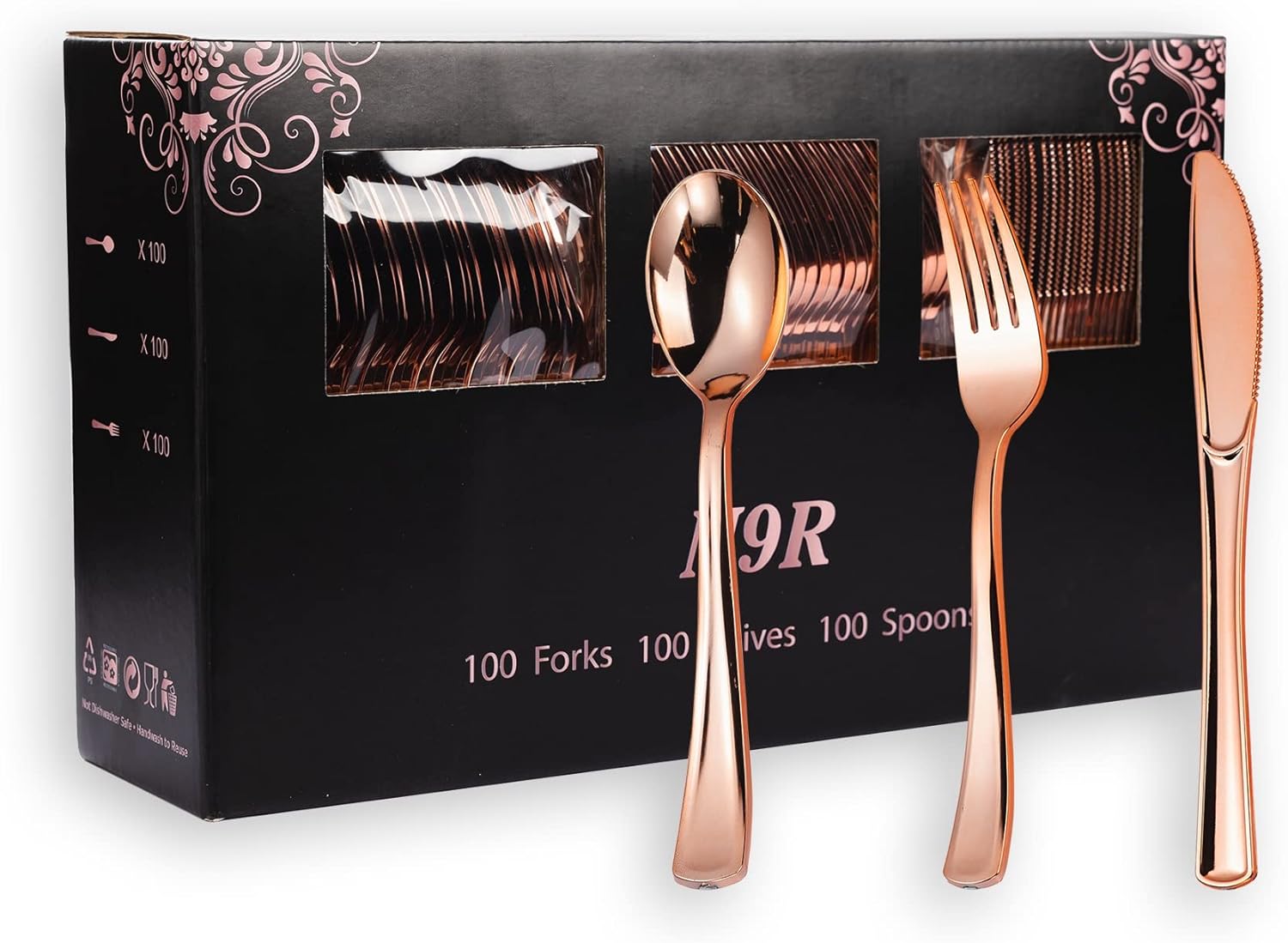 N9R 300PCS Rose Gold Plastic Silverware, Heavy Dut...