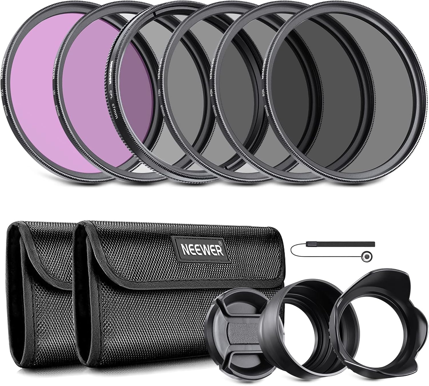 NEEWER 67mm Objektiv Filter Set: UV, CPL, FLD, ND2, ND4, ND8, Gegenlichtblende u...