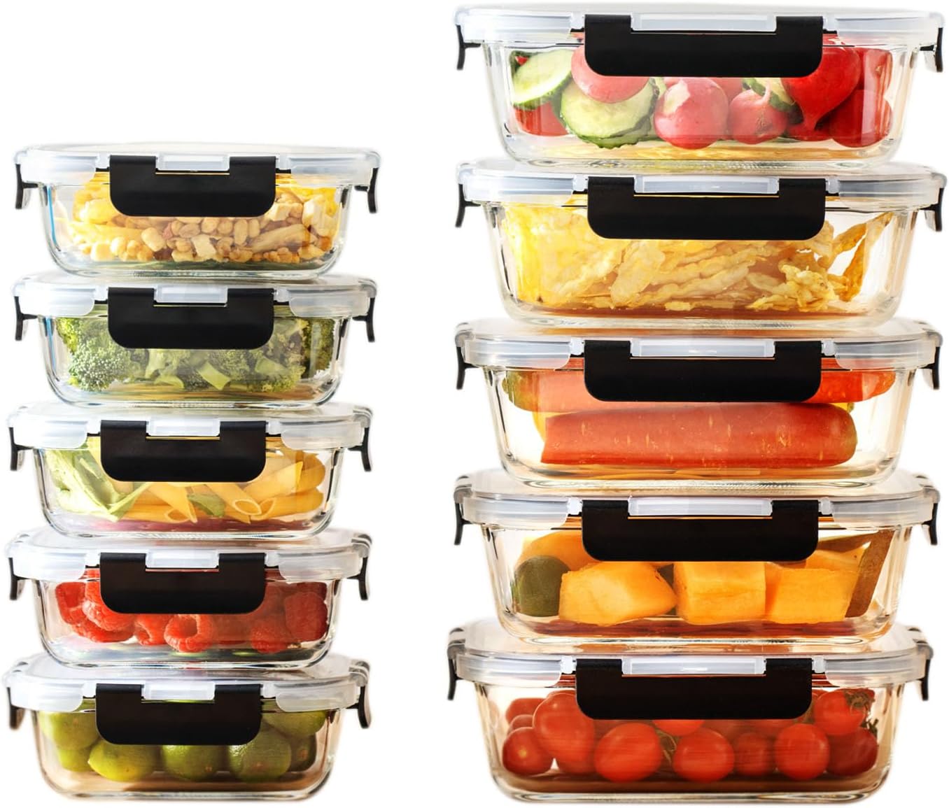 HOUSZY Glass Meal Prep Containers – 10-Pack with leak-proof Airtight Lids Set fo...