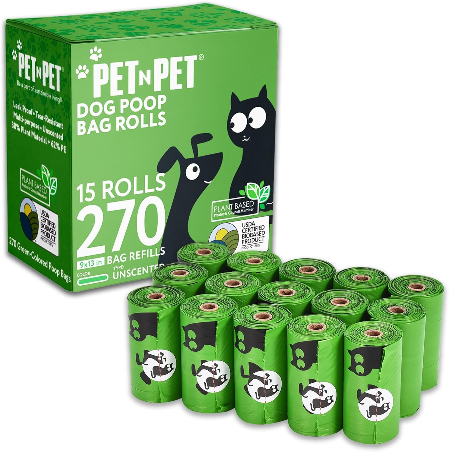 PET N PET 270-Count Unscented Dog Poop Bags Rolls: USDA Certified, 38% Biobased...