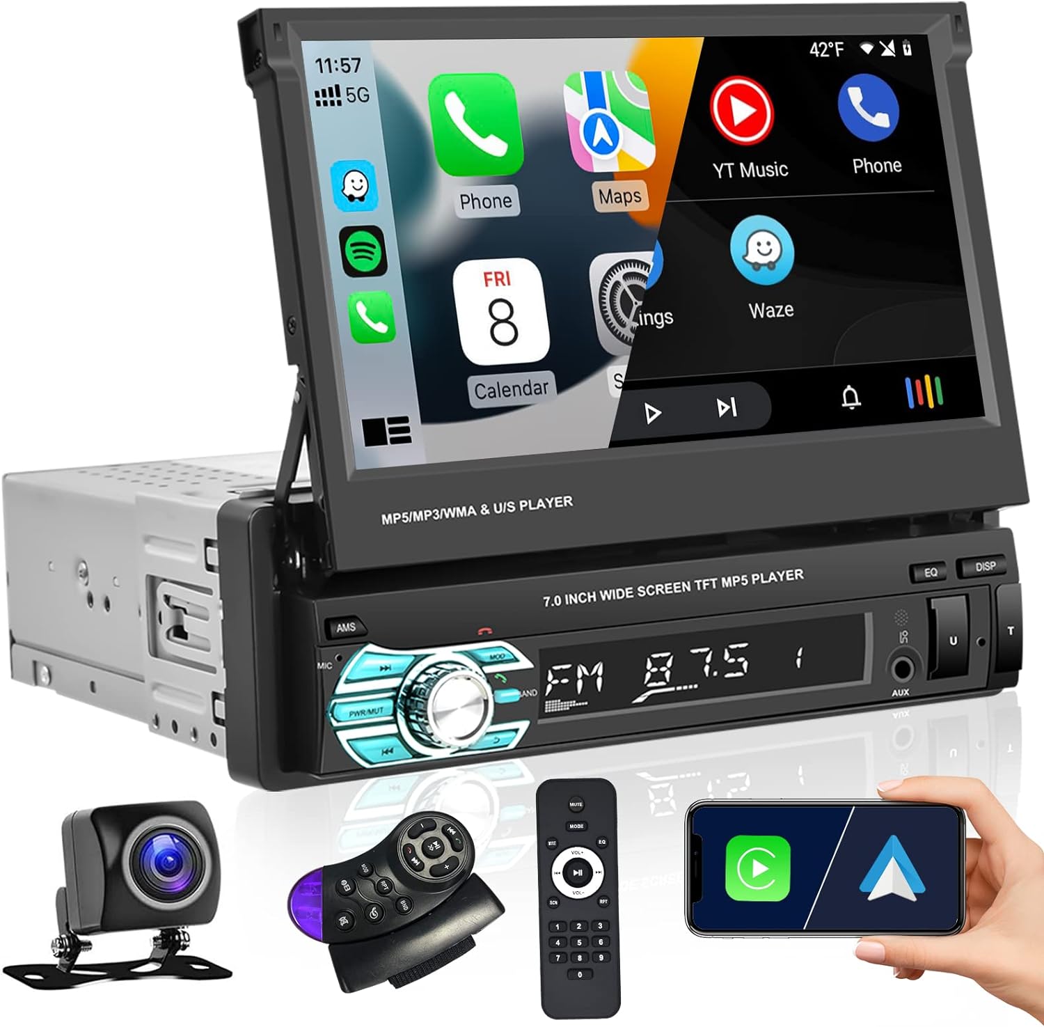 Hikity Single Din Car Stereo with CarPlay and Andr...
