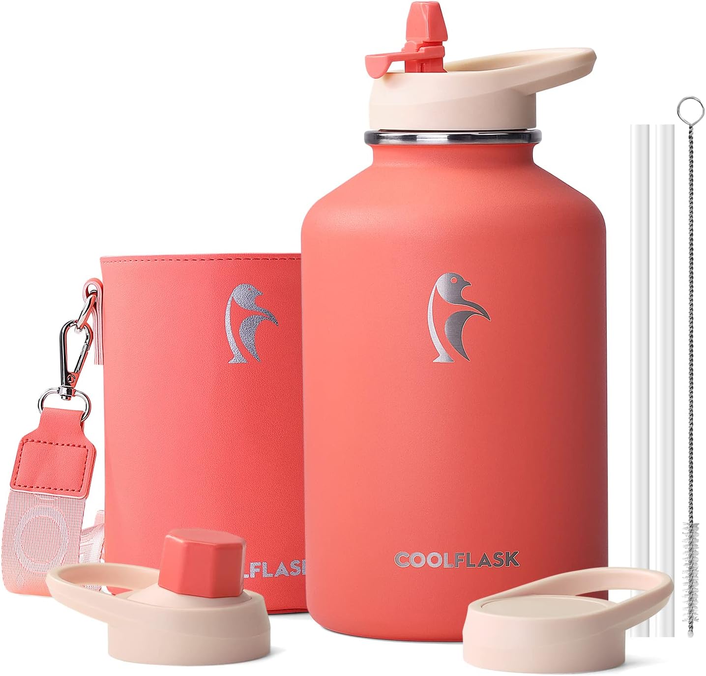 Coolflask 2L/64oz Metal Water Bottle Insulated with PU Leather Sleeve, Stainless...