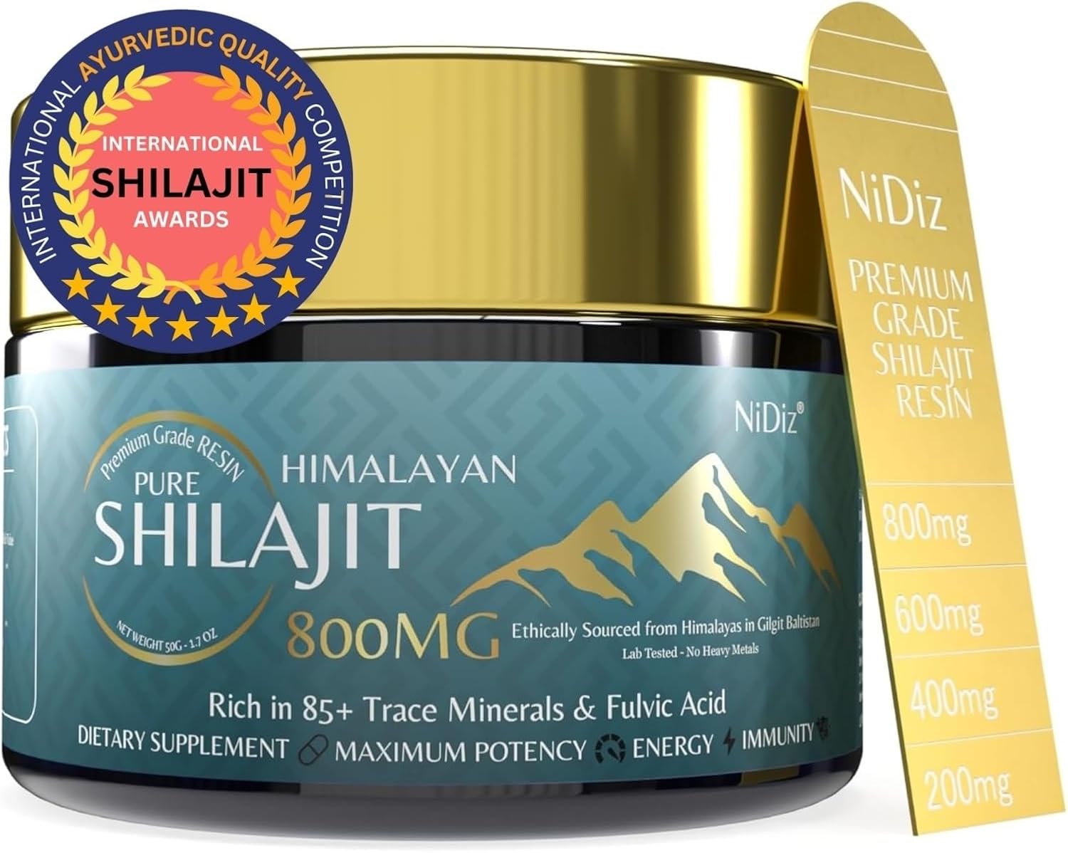 NiDiz 800MG Pure Shilajit Himalayan Resin, 50g - 60 Day Supply, Shilajit Resin f...