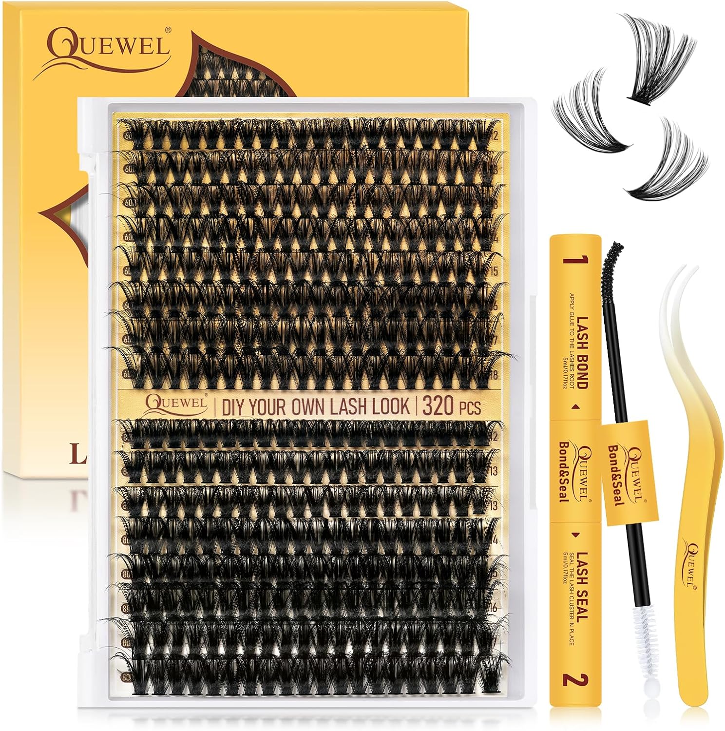 Lash-Extension Kit QUEWEL Lash Clusters 320Pcs 60D+80D Mix 12-18mm Cluster-Lashe...