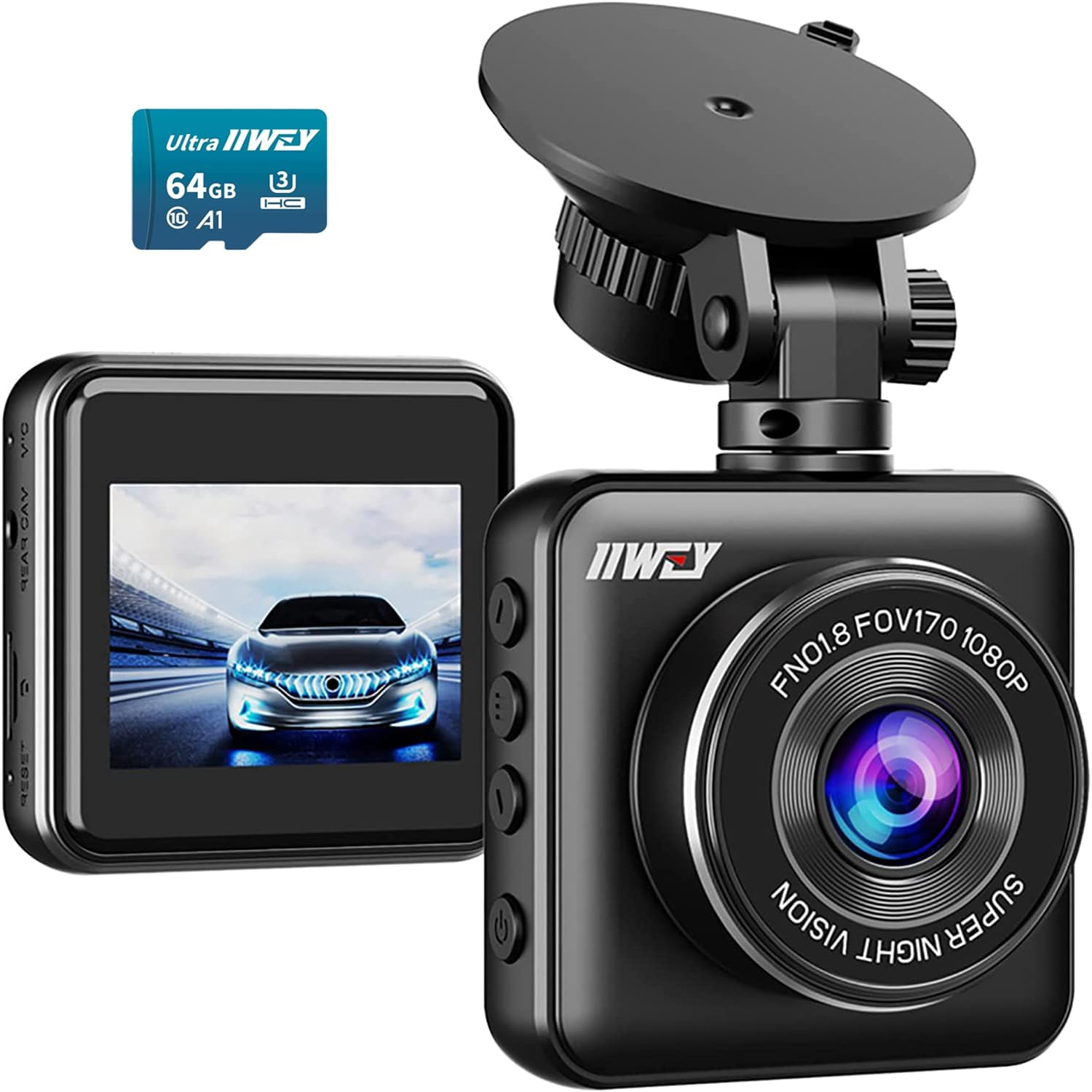 IIWEY Dash Cam Front 1080P Mini Size with 64GB SD...
