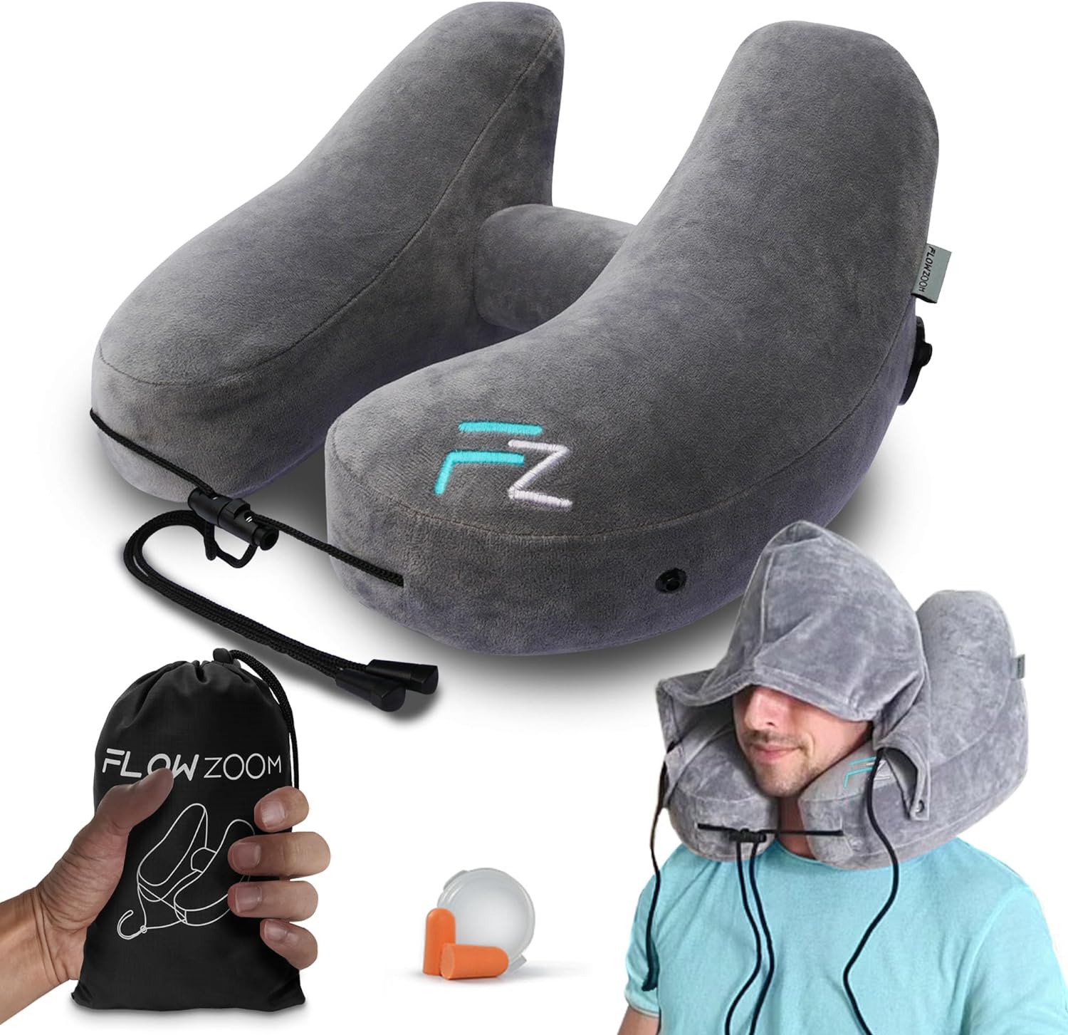 FLOWZOOM AIR Inflatable Travel Pillow for Airplane - Hooded Neck Pillow for Trav...