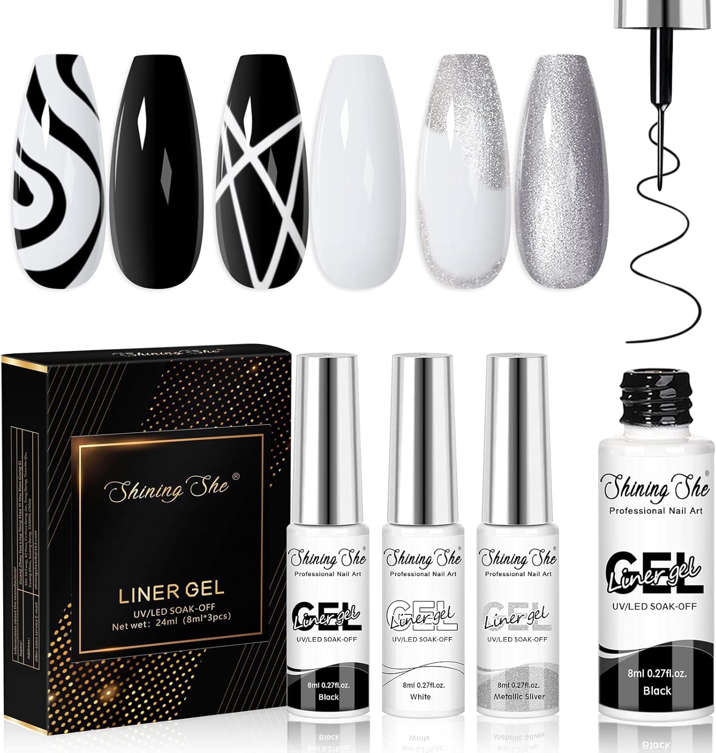 Shining She Gel Nail Polish Liner, 3 Colors Sliver White Nail Art Line Gel Soak-...