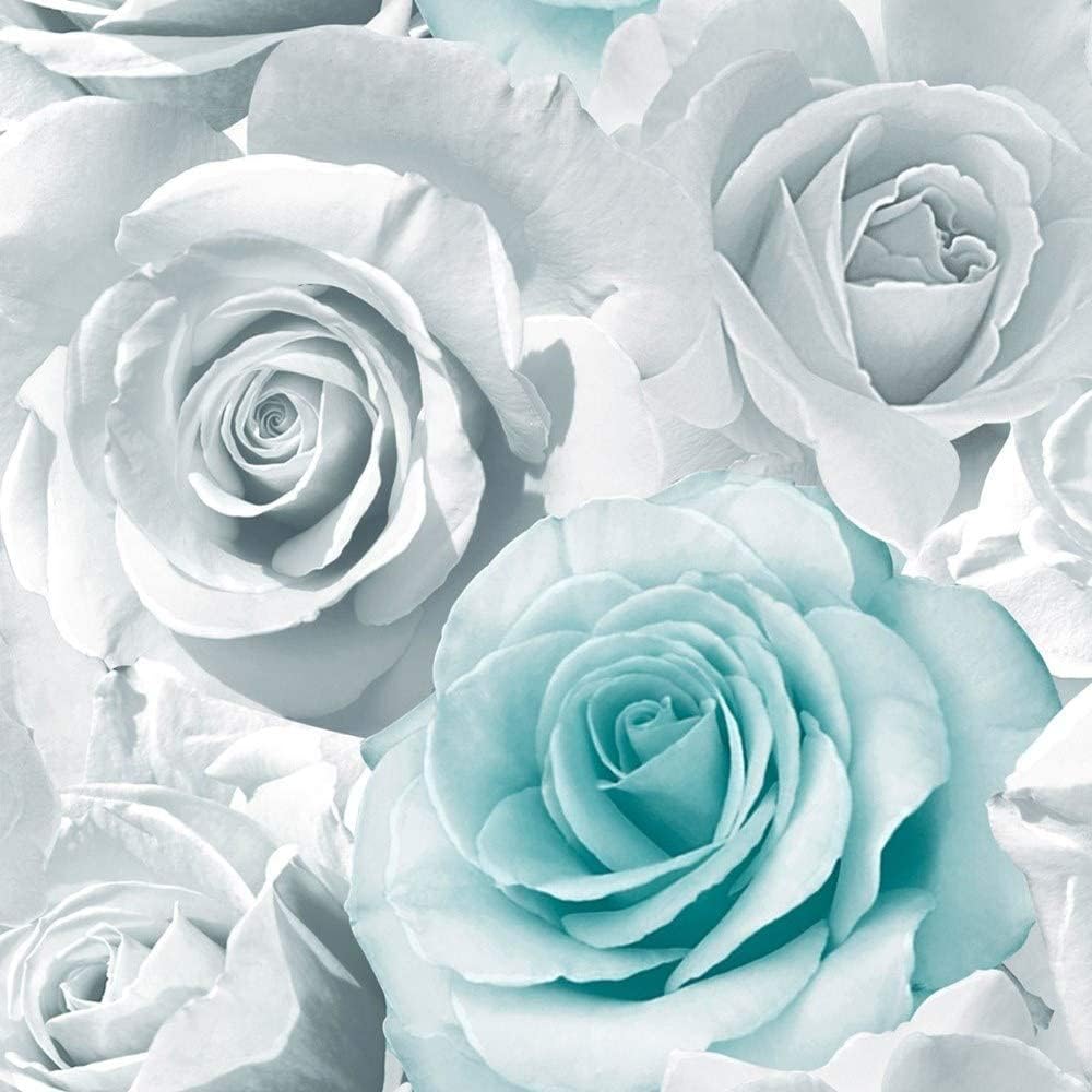 Muriva Madison Glitter Aqua Wallpaper 139523 - Flower Floral Large Roses Blue Fu...