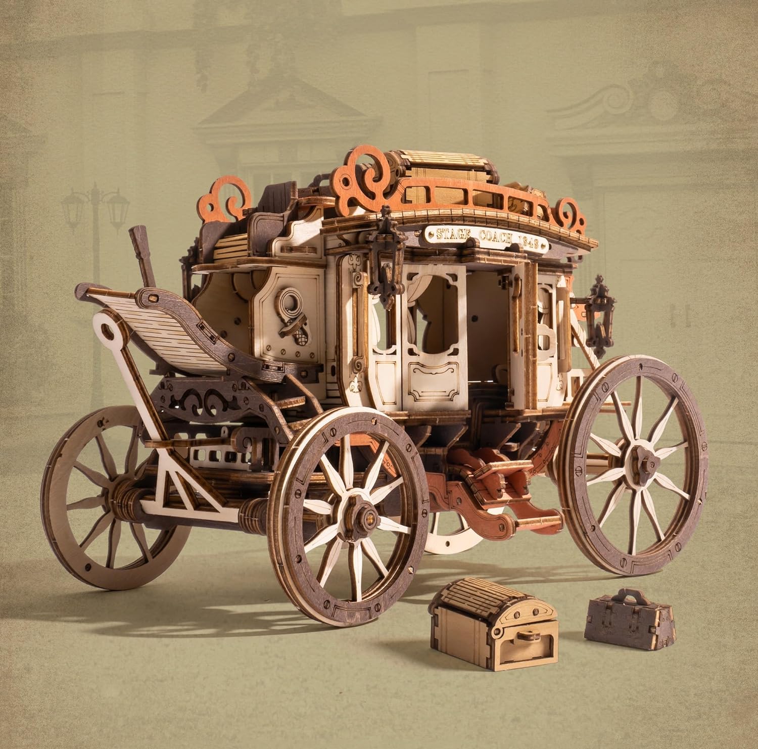 ROWOOD 3D Puzzle Stagecoach Music Box, Wooden Model Kits for Adult to Build, Mec...