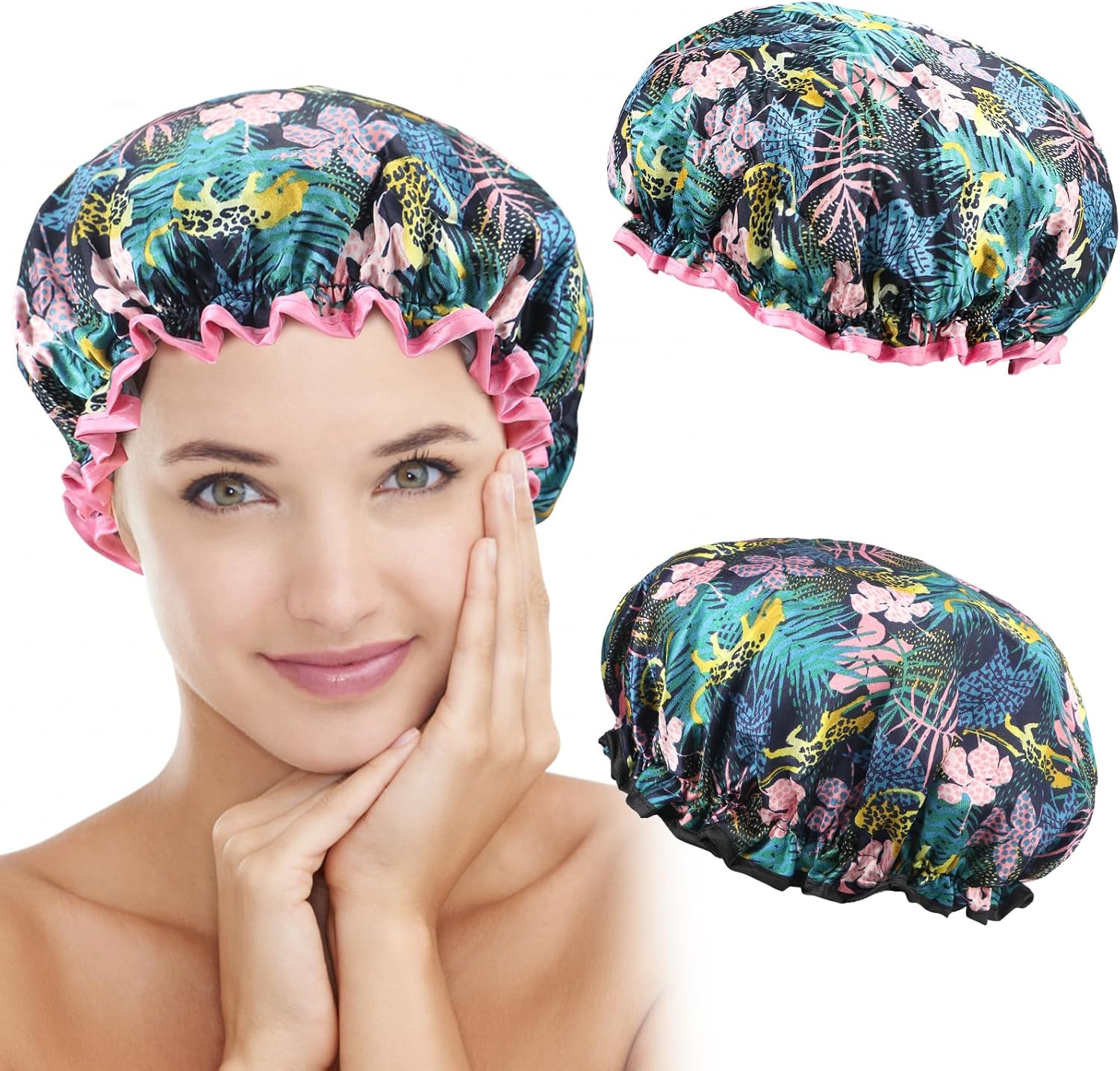 2 Packs Shower Cap Elastic Band Waterproof Bath Caps Double Layers Reusable With...