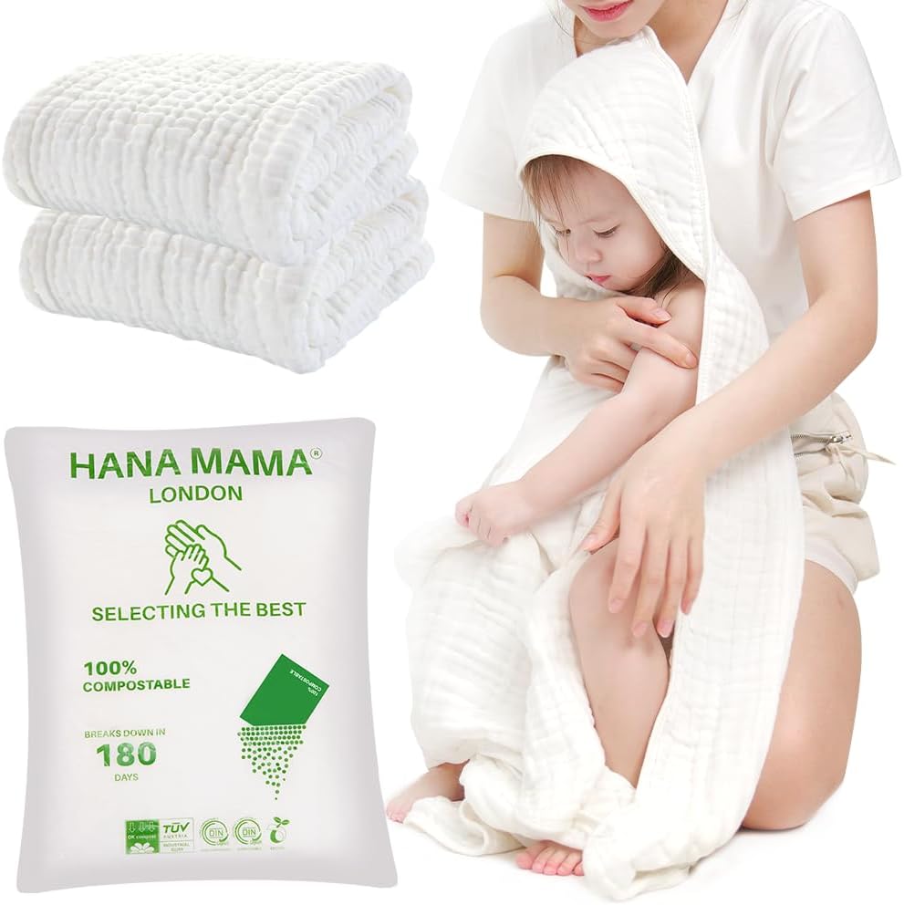 HANA MAMA LONDON Pack of 2 Premium 100% Organic Cotton Thick Baby Hooded Muslin...