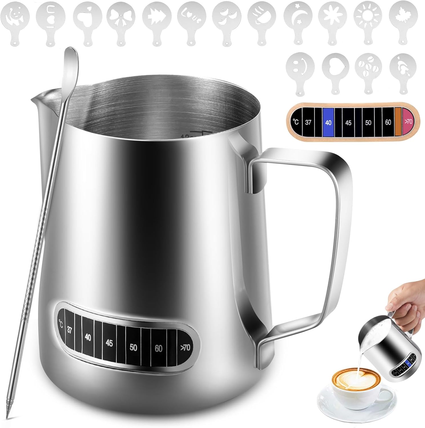 Anpro Milk Frothing Pitcher, 350ml/12oz 304 Stainless Steel Milk Pitcher with Th...